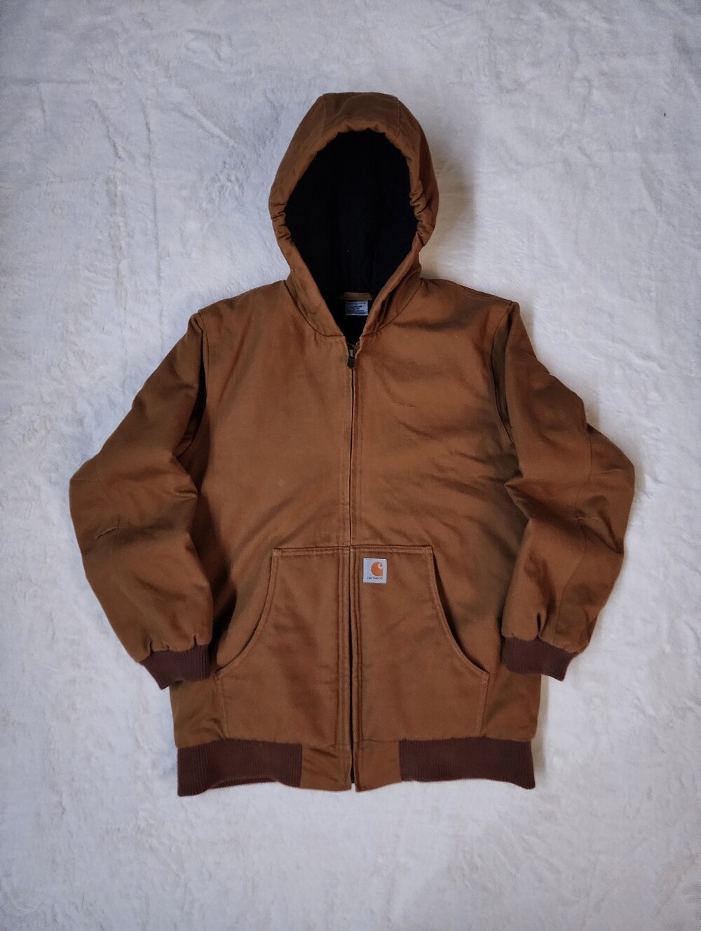 Carhartt Youth XL Brown Hooded Work Jacket Quilted Lined Full Zip